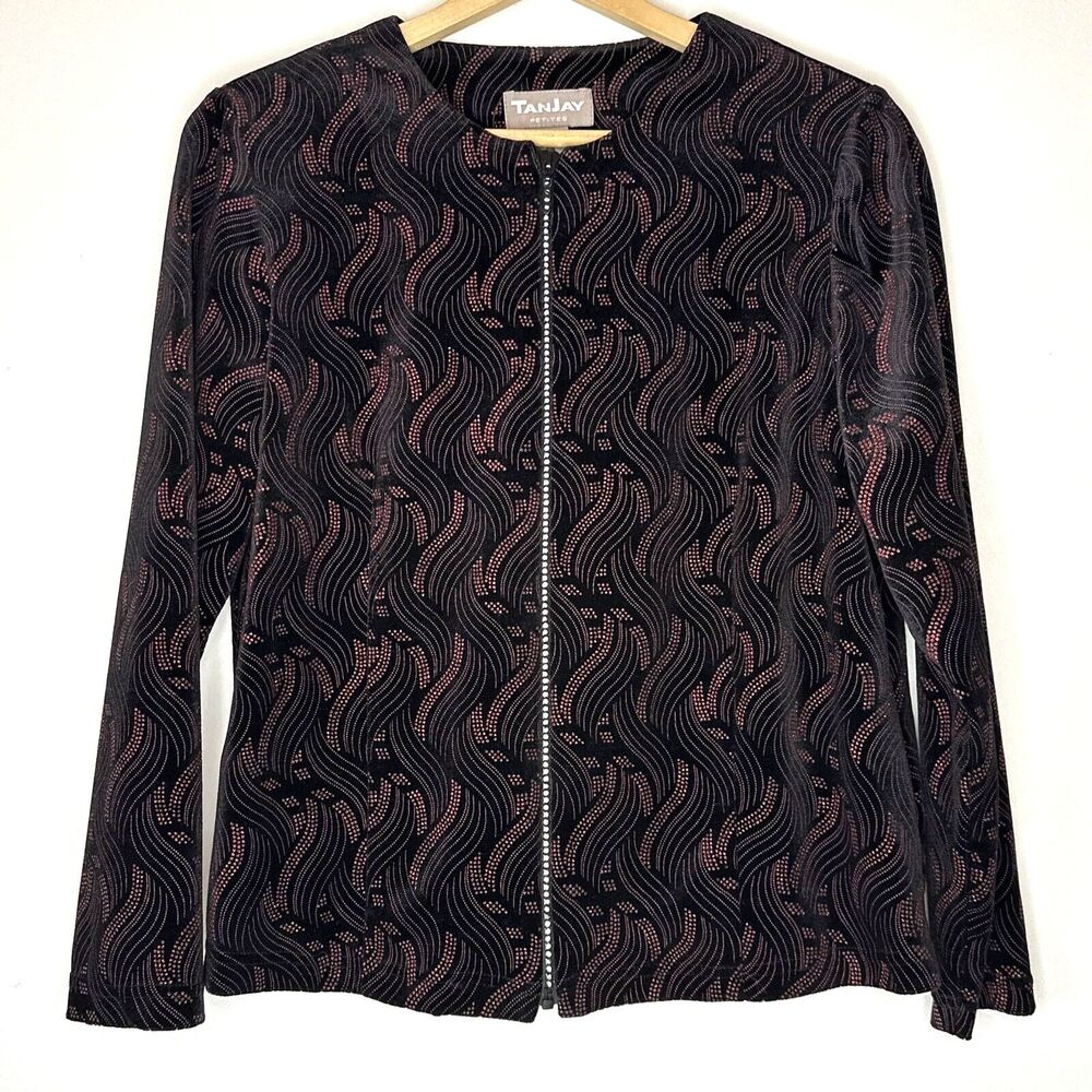 TanJay Vtg 80’s Rhinestone zip Jacket Size PM Black Red & Metallic Slinky‎ Party